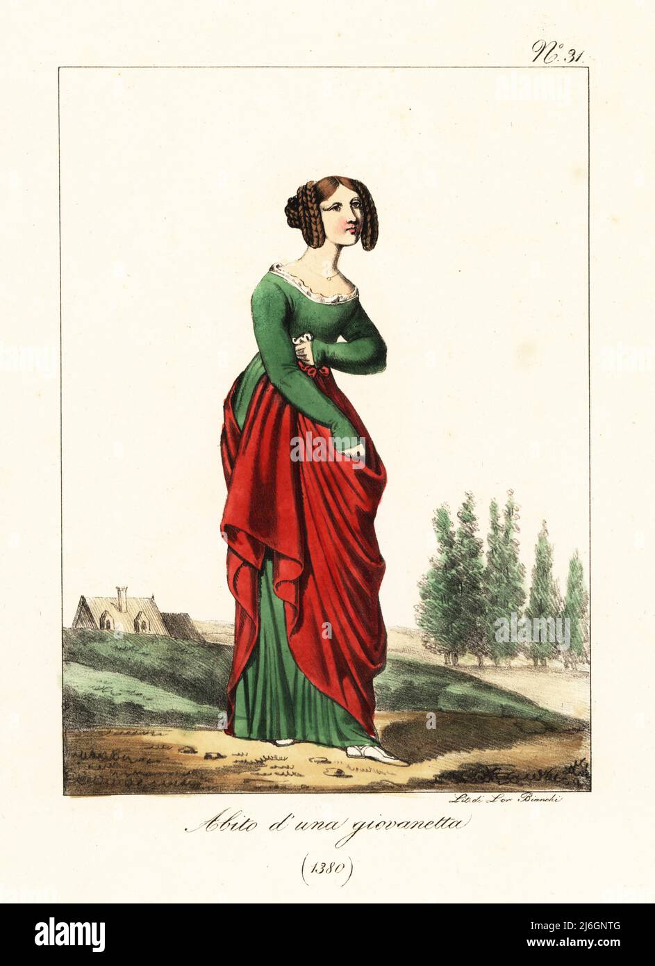 Costume di una giovane donna francese, 1380. Capelli in boccoli avvolti ai  lati, camici verdi con petticoat rosso. Costume d'une fille jeune.  Litografia a mano di Lorenzo Bianchi dopo Ippolite Lecomte di