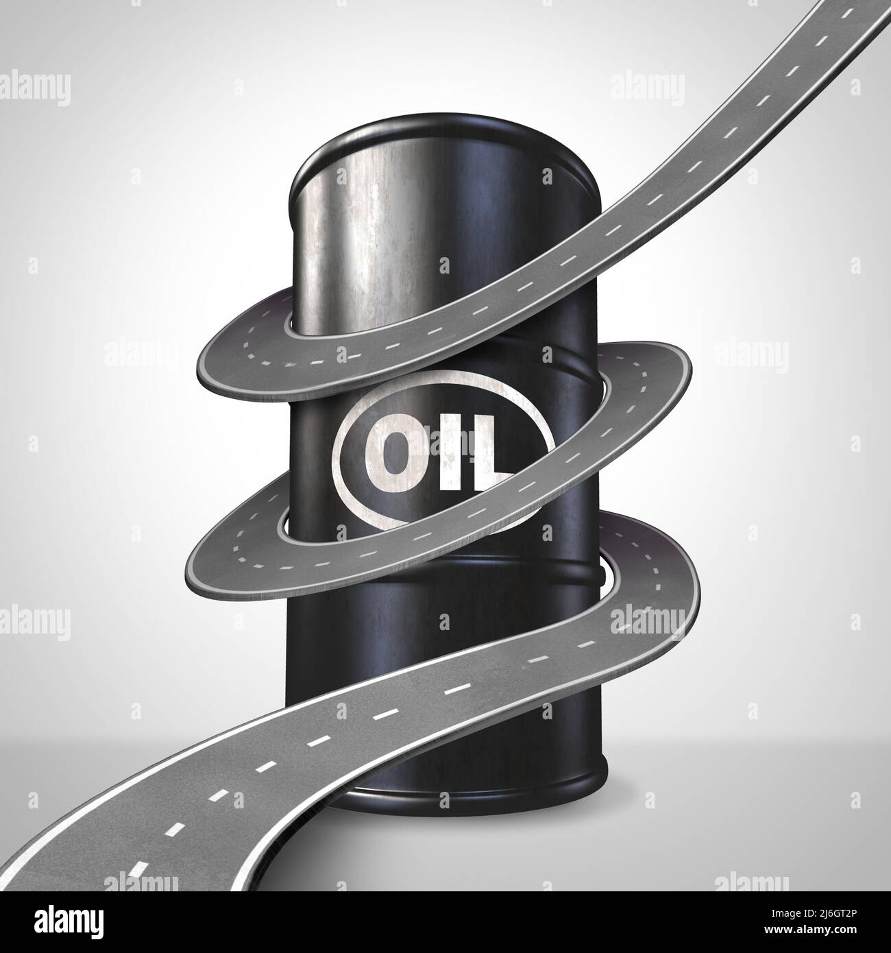Il simbolo dell'olio di trasporto come concetto di carburante di prezzo crescente ed un tamburo di gasolene con un'autostrada o un rad avvolto intorno all'icona di energia come metafora. Foto Stock