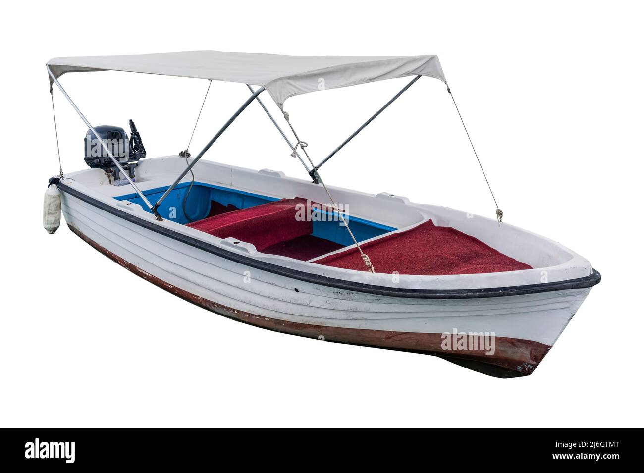 barcha a motore isolato su sfondo bianco. barca bianca con tenda. Foto Stock