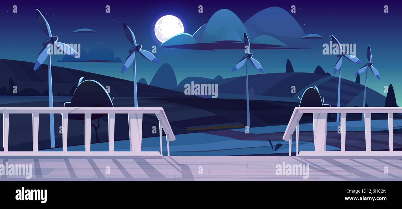 Fattoria con mulini a vento di notte vista dalla terrazza con portico in legno e ringhiere bianche sotto il cielo scuro con luna piena. Generazione alternativa di energia eolica con turbina eco Power Cartoon illustrazione vettoriale Illustrazione Vettoriale