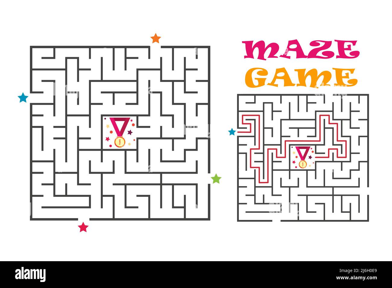 Labirinto quadrato gioco per bambini. Labirinto logica di enigma con medaglia. Quattro ingressi e un modo giusto per andare. Illustrazione piatta vettoriale Illustrazione Vettoriale