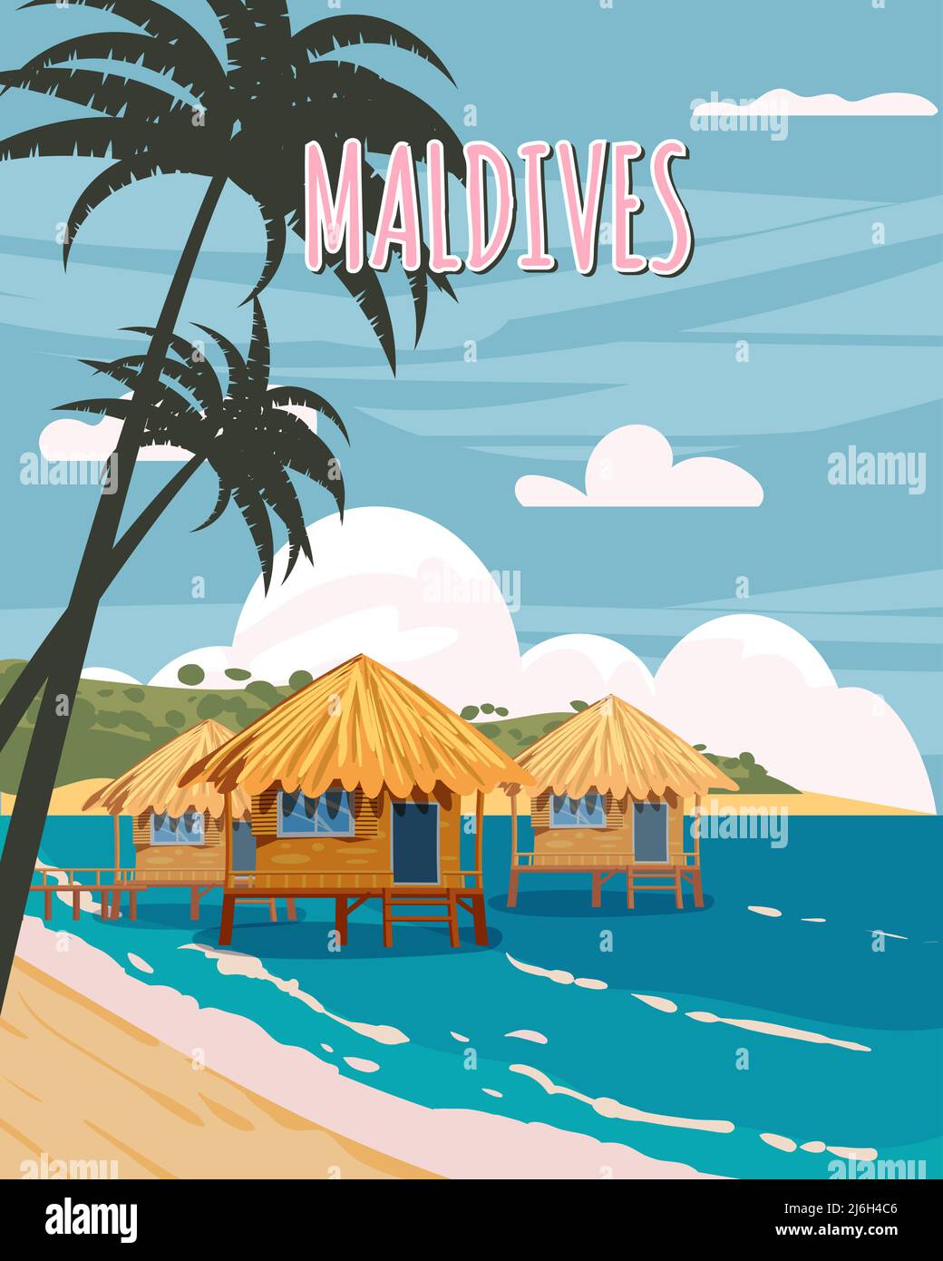 Maldive tropicale resort poster vintage. Spiaggia costa capanne tradizionali, palme, oceano. Vettore di illustrazione stile retrò Illustrazione Vettoriale