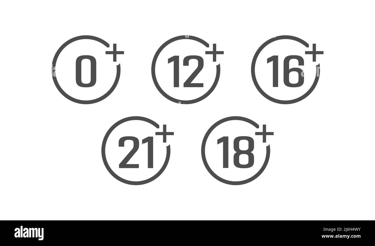 Limite di età per i contenuti. Una serie di icone 0 Plus, 12 Plus, 16 Plus, 18 Plus e 21 Plus. Stile piatto. Illustrazione Vettoriale