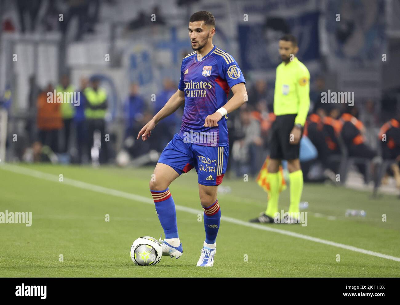 Houssem Aouar di Lione durante il campionato francese Ligue 1 partita di calcio tra Olympique de Marseille (OM) e Olympique Lyonnais (OL, Lione) il 1 maggio 2022 presso lo Stade Velodrome di Marsiglia, Francia - Foto: Jean Catuffe/DPPI/LiveMedia Foto Stock