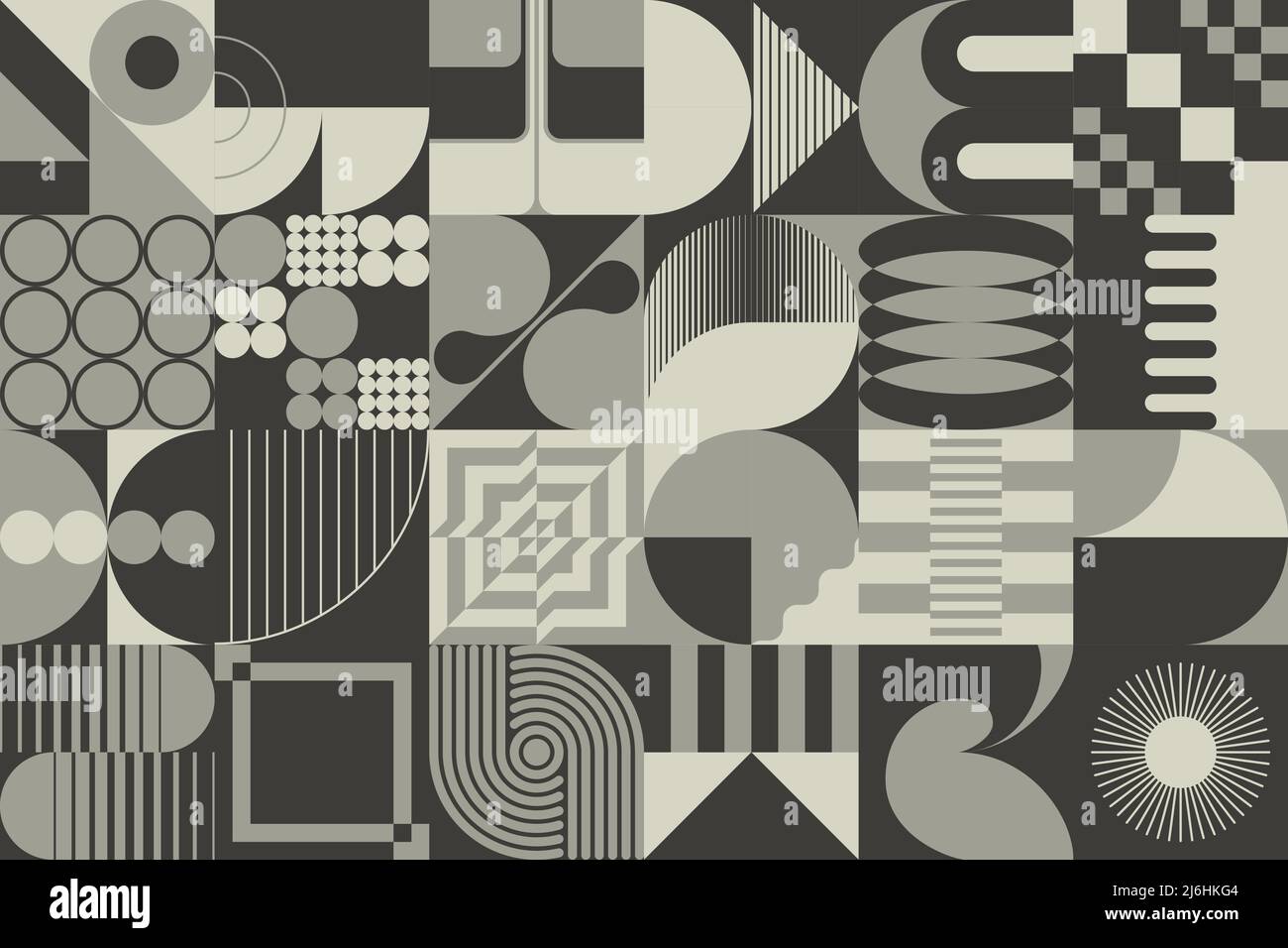 Moderna grafica vettoriale astratta realizzata con varie forme geometriche semplici ed elementi grafici monocromatici utili per poster, copertina, arte, presentazione, Illustrazione Vettoriale
