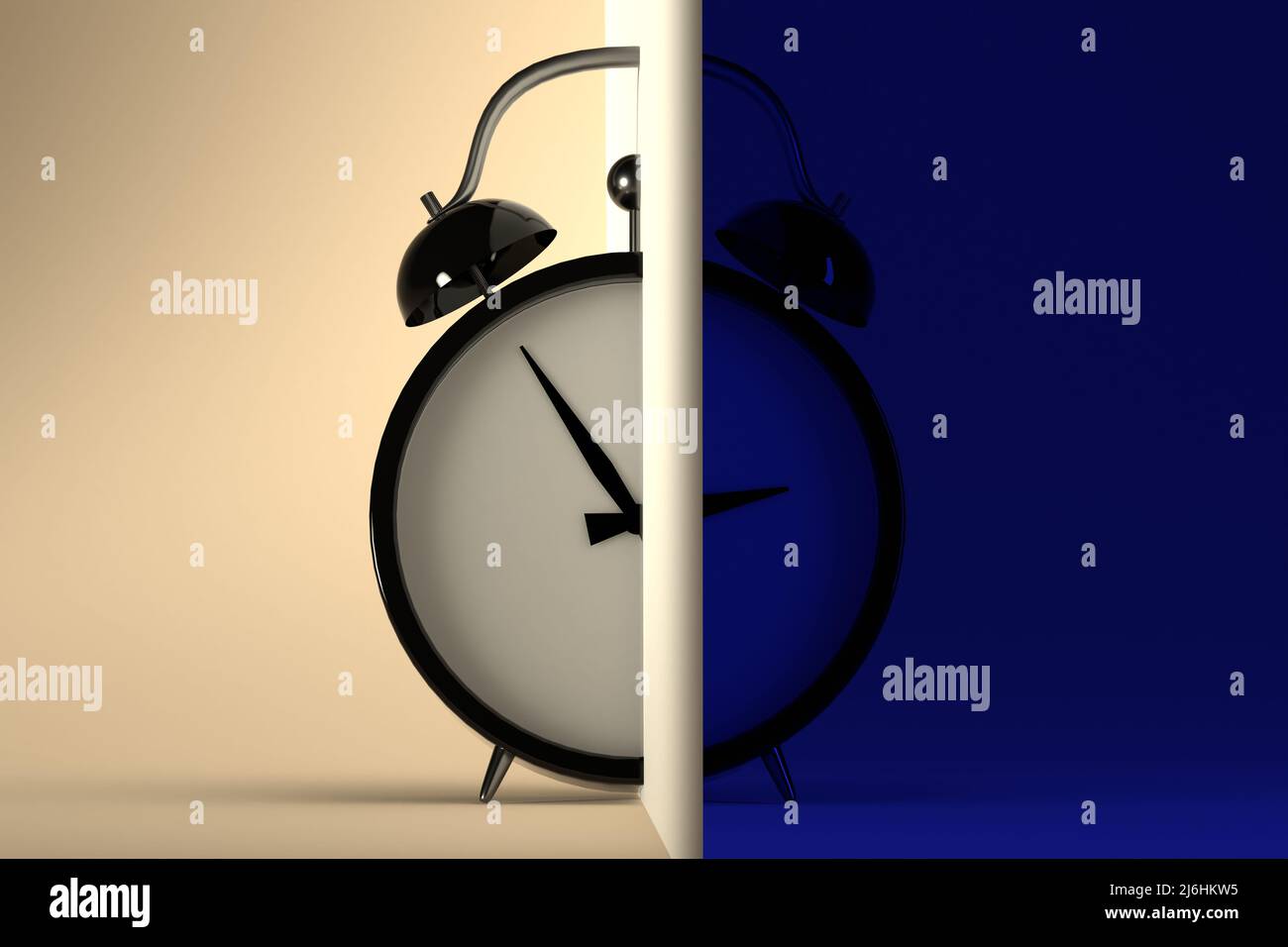 Circadian rhythm concept. sveglia divisa in due parti con giorno e notte. Modalità sleep e attività, biorhythms. 3D rendering. Foto Stock