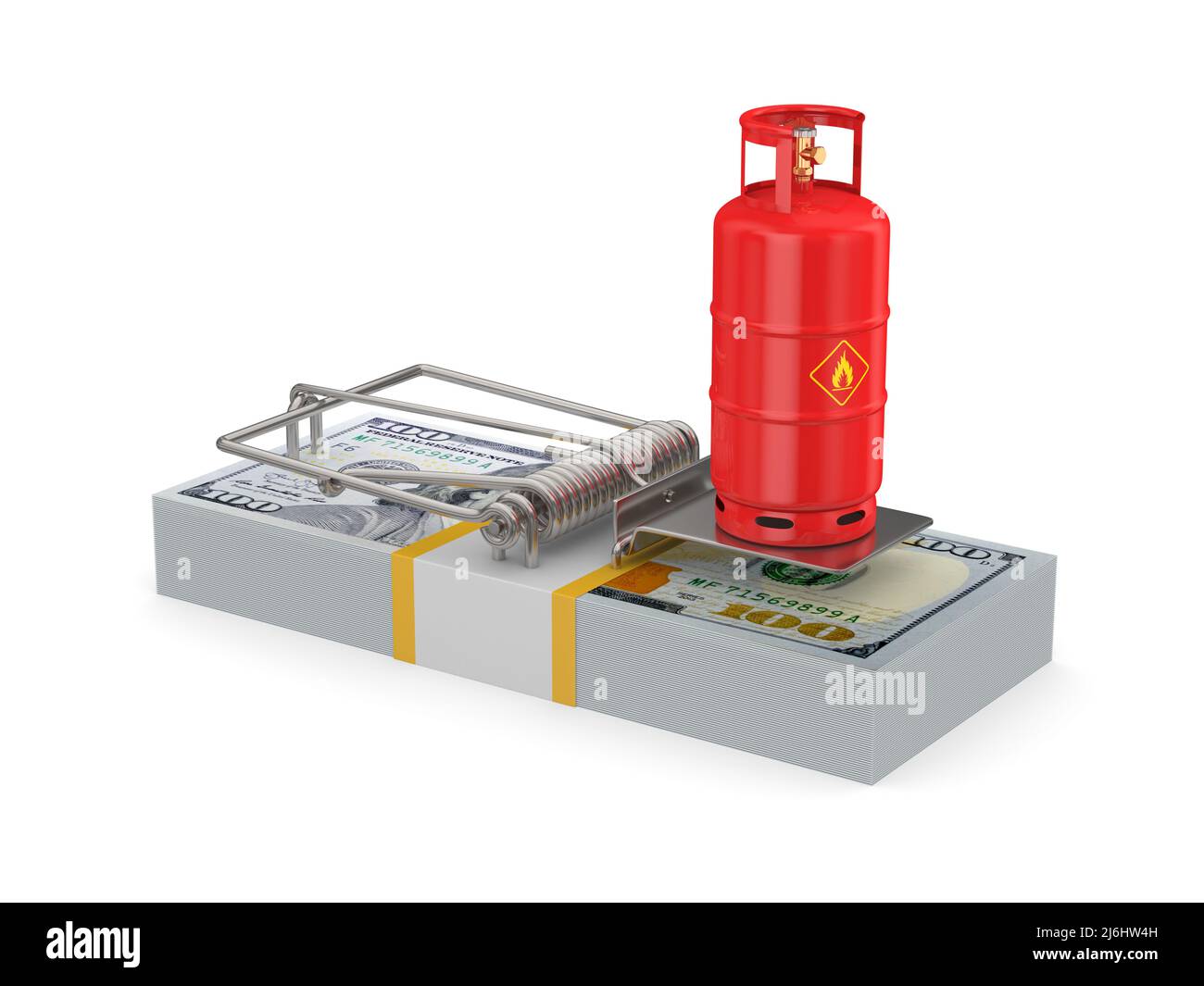 mousetrap e bombola di gas su sfondo bianco. Illustrazione 3D isolata Foto Stock