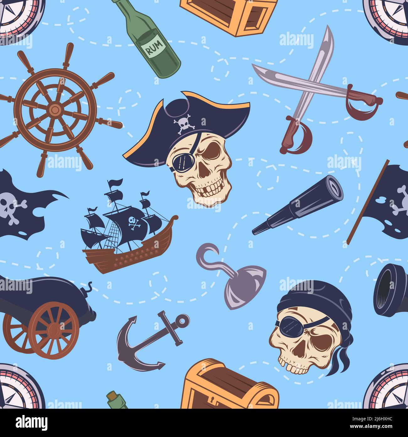 Modello pirata. Disegno di elementi marinai battaglia legno nave cranio ossa ancorare armi vettore esatto sfondo senza cuciture con simboli stilizzati pirata Illustrazione Vettoriale