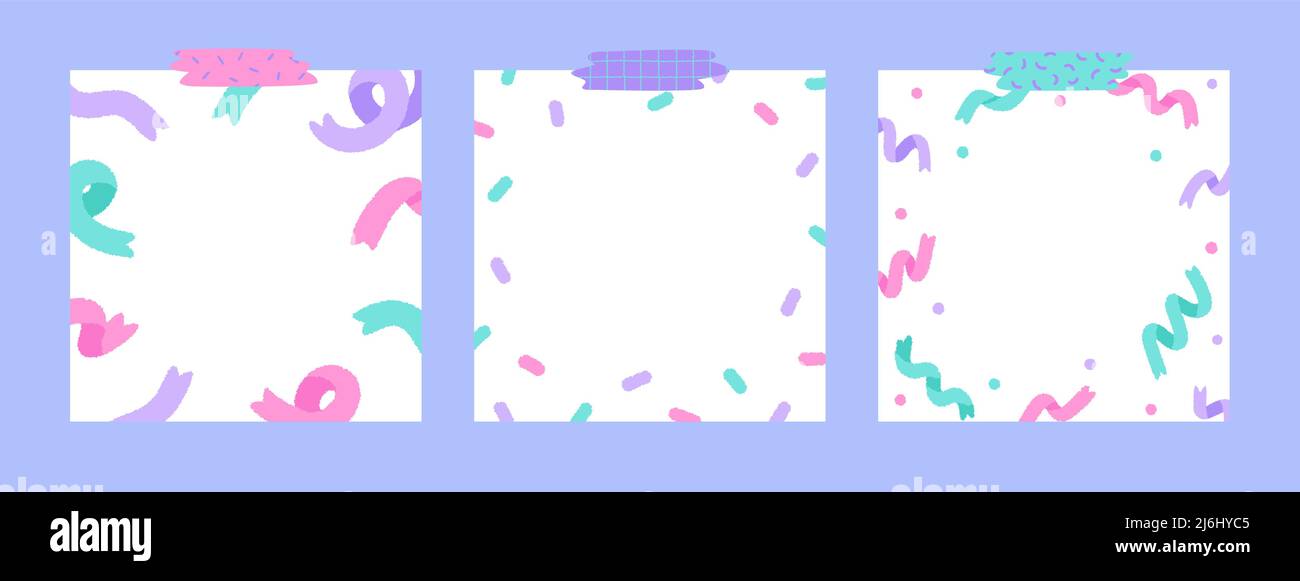 Set di carino nastro bianco blocco note con nastro. Illustrazione vettoriale disegnata a mano. Carta modello per nota adesiva, memo. Stile cartoon. Isolato. Illustrazione Vettoriale