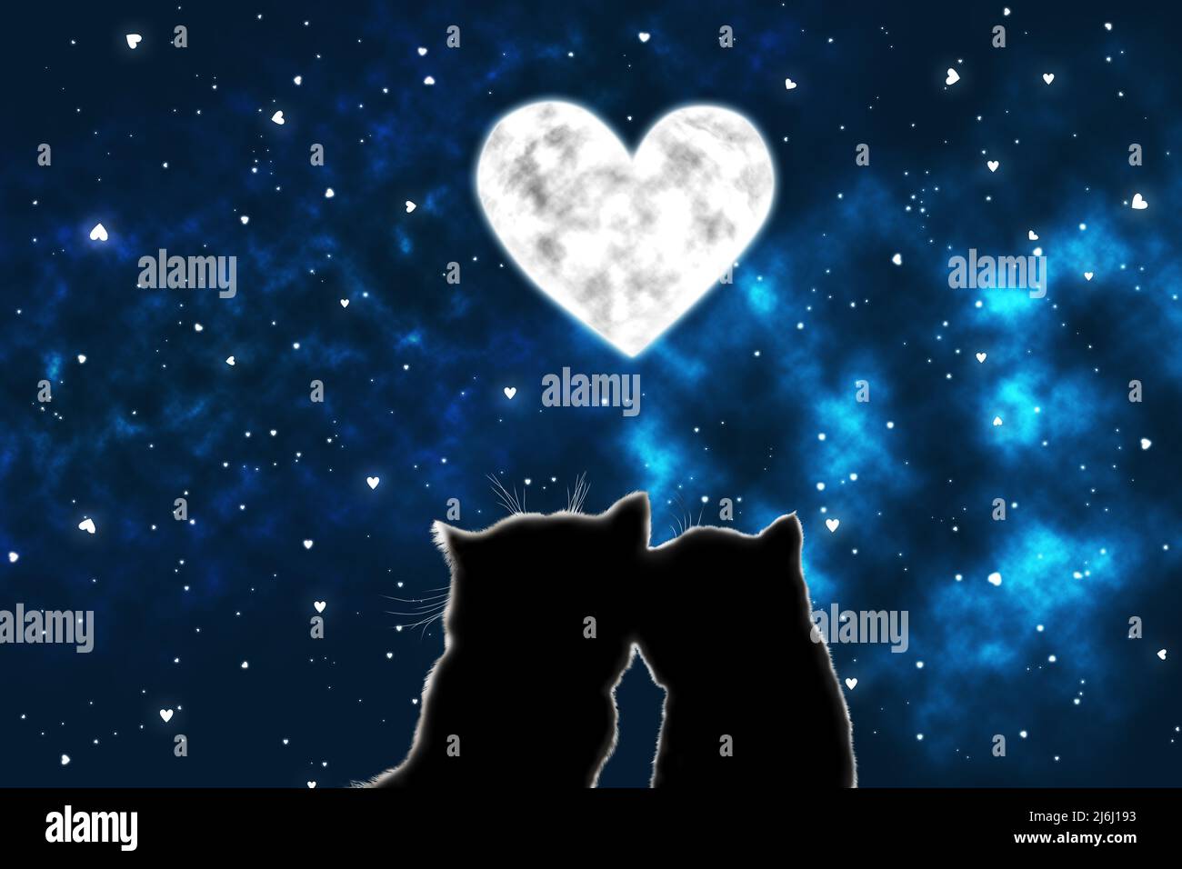 Una coppia di gatti amorevoli guarda il cielo notturno. Luna e stelle a forma di cuore. Carta di San Valentino. Foto Stock