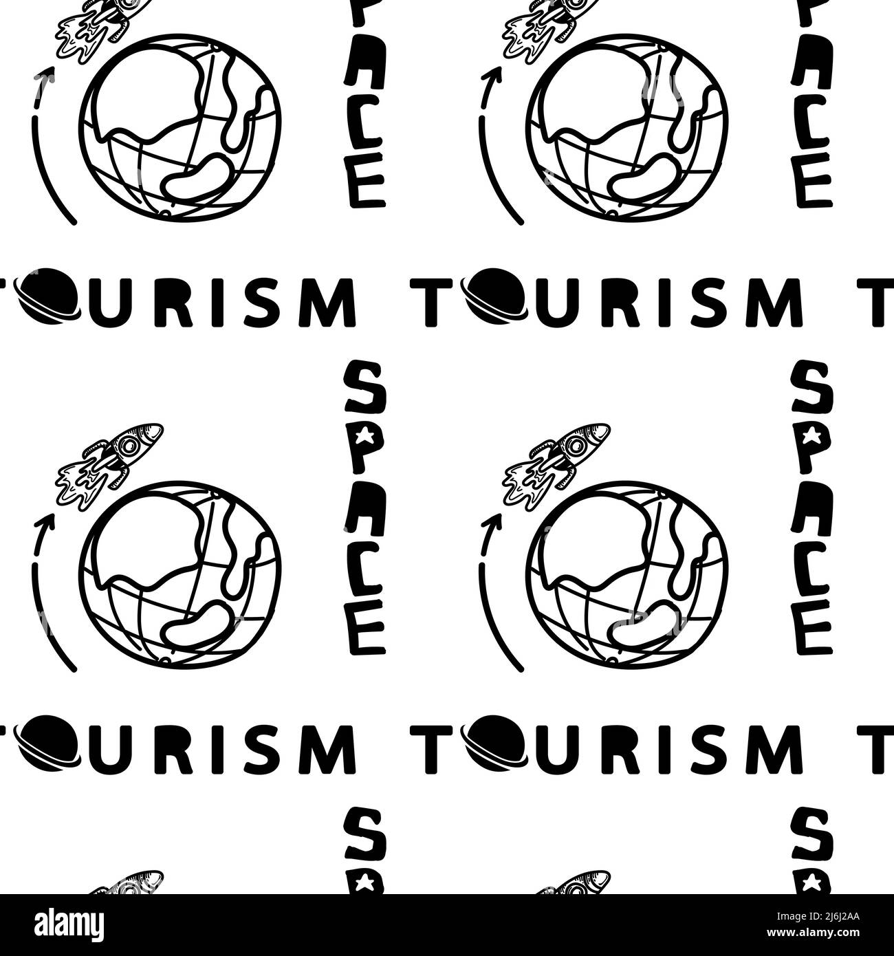 Un modello senza giunture di un pianeta con un razzo e lettere stilizzate, scarabocchio disegnato a mano. Turismo spaziale. Un razzo che si decolla intorno alla terra. Spazio Illustrazione Vettoriale