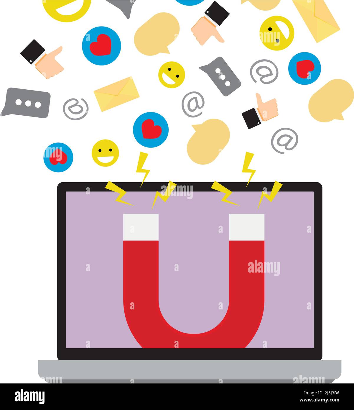 Marketing SMM nei social media, strumento influencer per attrarre. L'attrazione principale del laptop vettoriale e il messaggio popolare, la promozione in linea e la connessione con Illustrazione Vettoriale