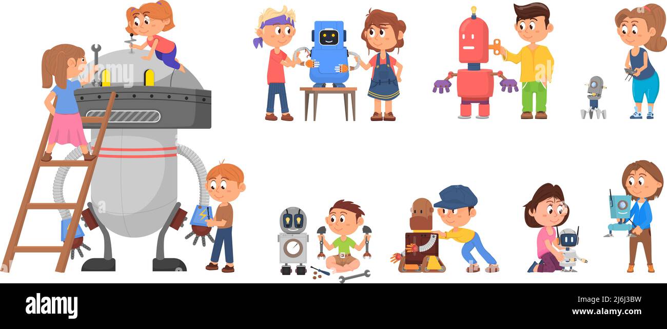 Robotica per bambini. I bambini sviluppano robot e software. Divertimento per i bambini con i robot. Progetto scolastico, concorso di lavoro di squadra. Tecnologia e giocattoli, decente Illustrazione Vettoriale