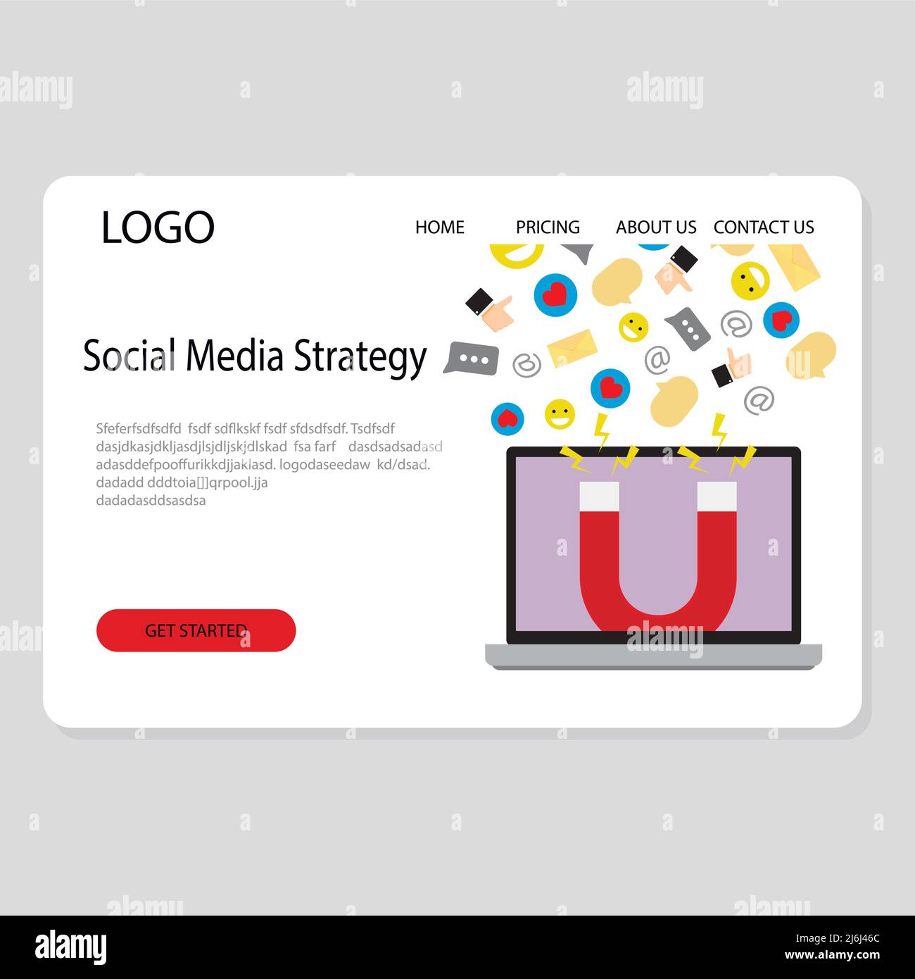 Pagina di destinazione della strategia dei social media, concetto di servizio aziendale moderno. Illustrazione di Web advertising e influencer di gestione, comunicazione in netwo Illustrazione Vettoriale