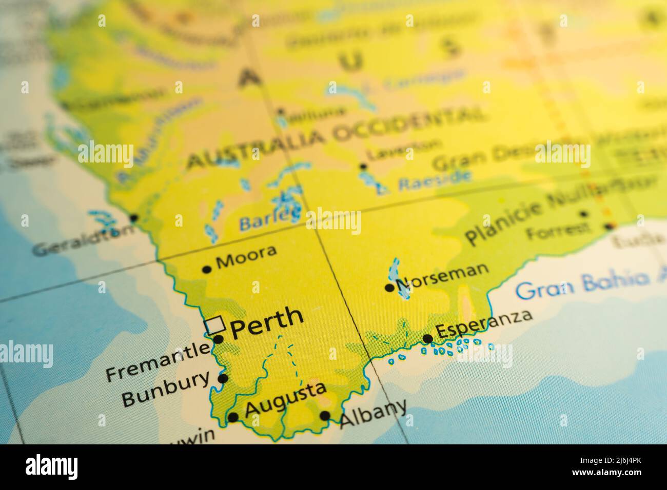 Mappa orografica dell'Australia sud-occidentale. Con riferimenti in spagnolo. Concetto di cartografia, viaggi, turismo, geografia. Approccio differenziale Foto Stock