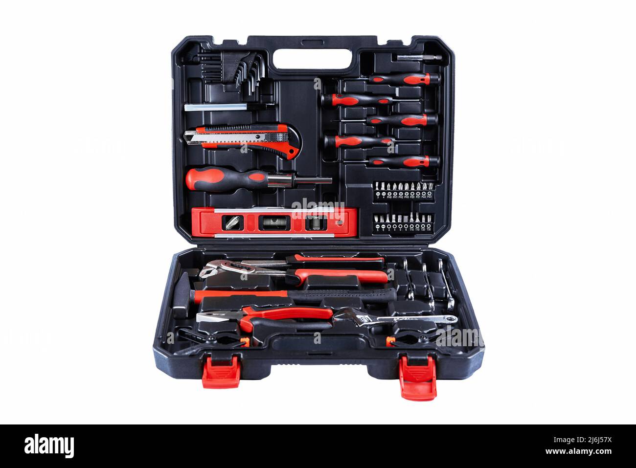 Toolbox con strumenti per la riparazione e la manutenzione isolati su sfondo bianco Foto Stock