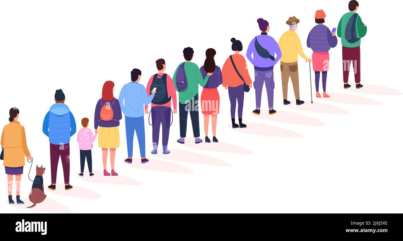 Coda del supporto posteriore. Coda persone folla lunga fila in bagno pubblico, gruppo persona in attesa di acquistare biglietto aeroporto, in piedi registrazione shopping personaggio, garish vettore illustrazione Illustrazione Vettoriale