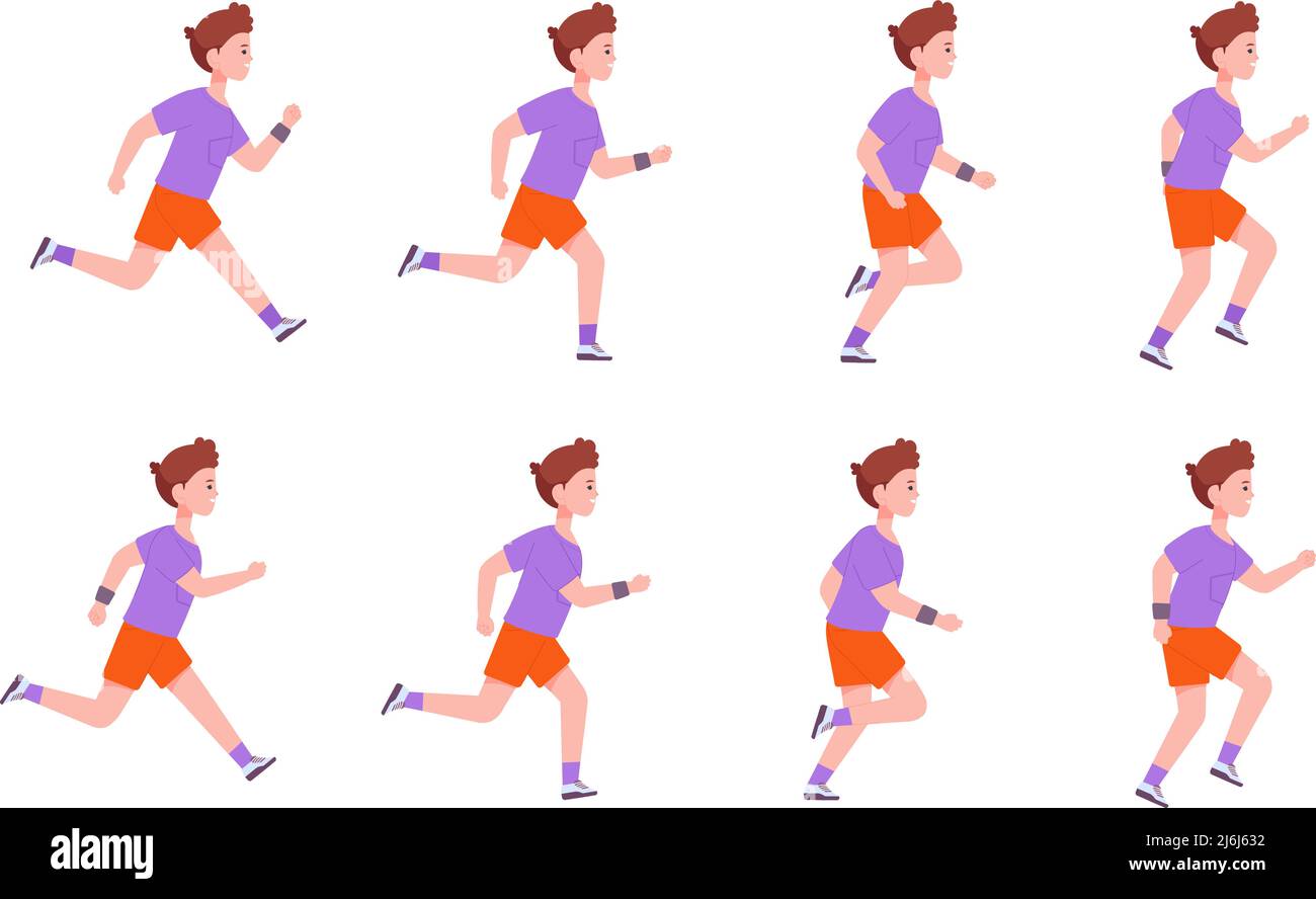 Sequenza ragazzi in esecuzione. Little man eseguire passi animazione, profilo movimento 2D carattere passo jogging uomini ciclo ciclo ciclo ciclo sprite foglio cornice cartone animato runner atleta illustrazione vettoriale. Sequenza di esecuzione persone Illustrazione Vettoriale