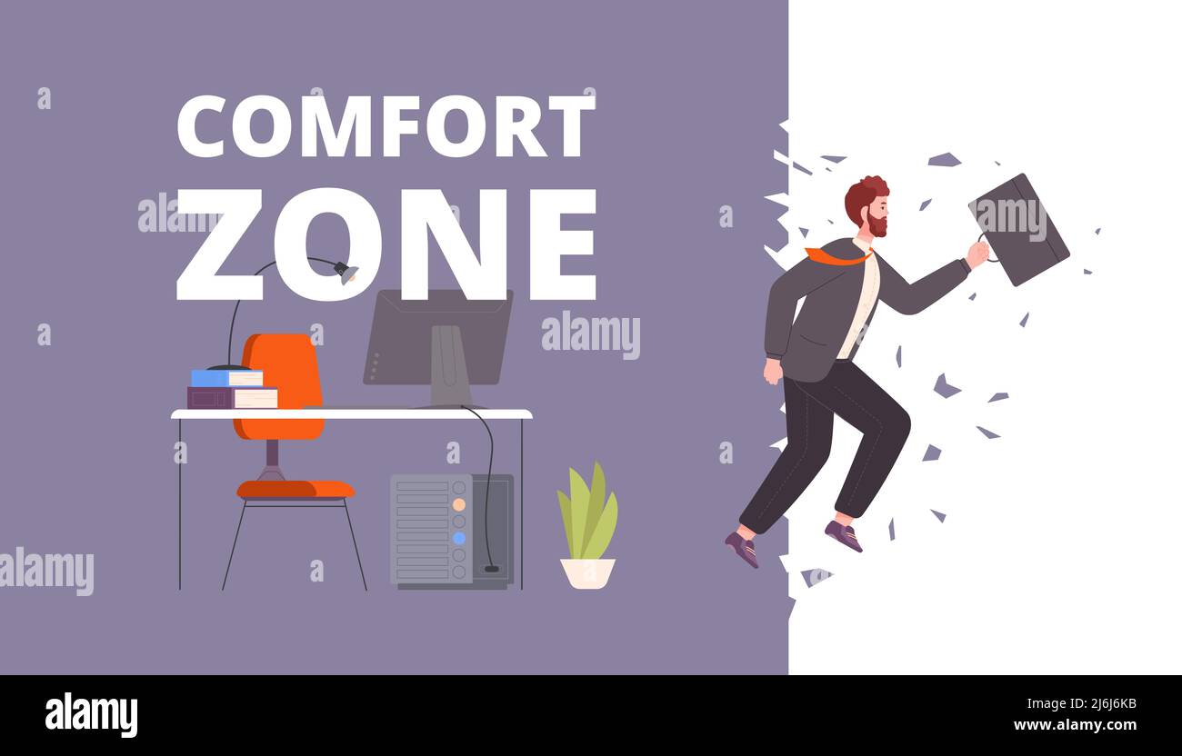 Uscire dalla zona comfort. Dapper dipendente salto lasciando comodo ufficio, bloccato imprenditore osato uscire zone confortate per la crescita motivante successo nuova vita vettore illustrazione del cambiamento di lavoratore Illustrazione Vettoriale