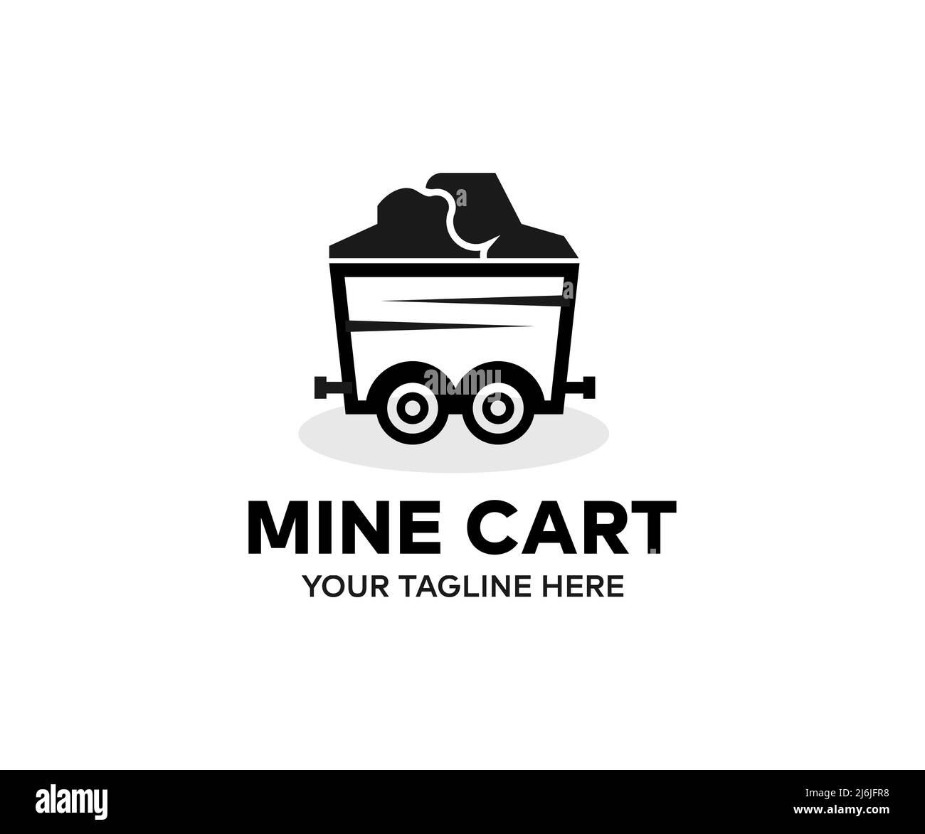 Carrello da miniera, logo industriale nero. Icona del carro minerario. Semplice illustrazione del carro di carbone della miniera per disegno di fotoricettore isolato su fondo bianco ve Illustrazione Vettoriale