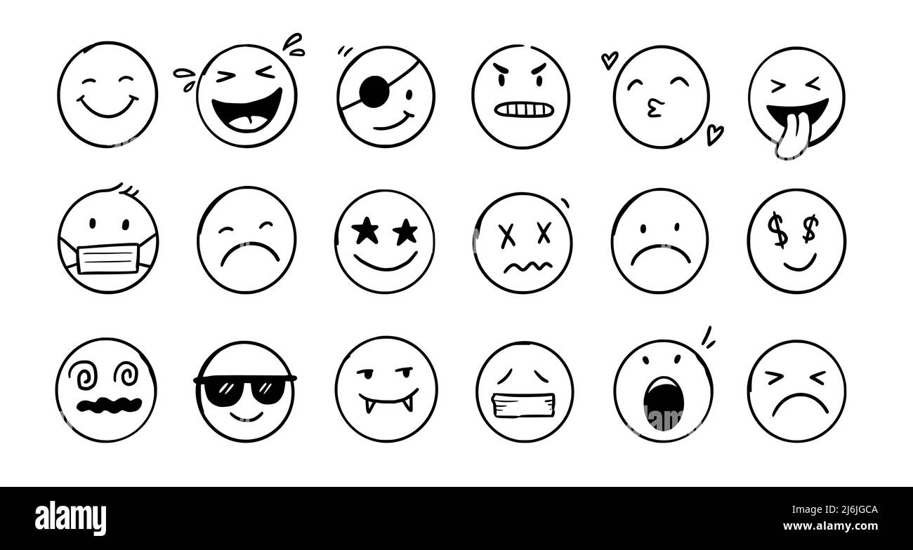 Doodle Emoji Face Icon Set. Stile di schizzo disegnato a mano. Emoji con umore emotivo diverso, felice, triste, sorriso volto. Illustrazione vettoriale comic line art. Illustrazione Vettoriale