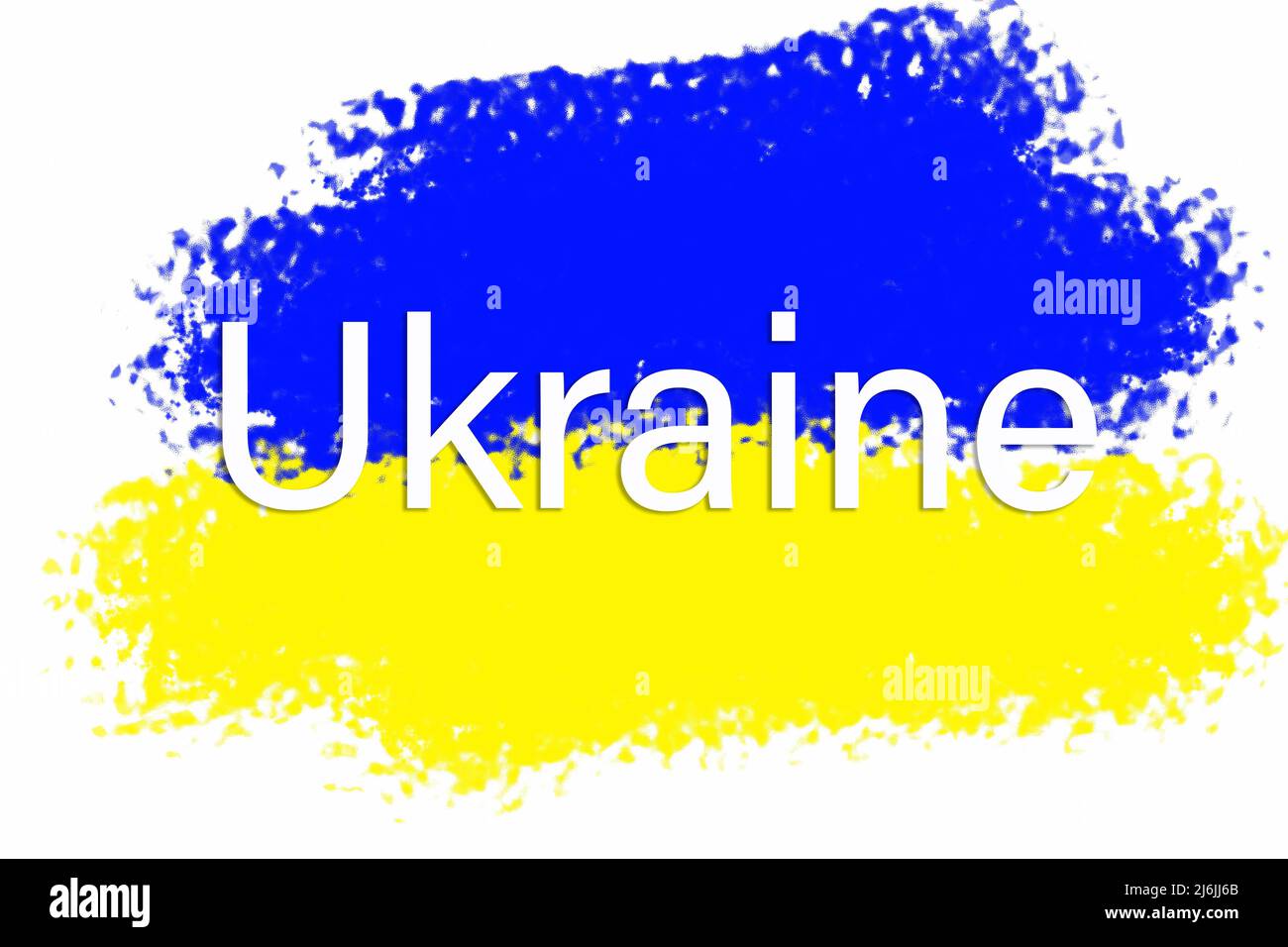 Bandiera dell'Ucraina raffigurante un cielo blu tranquillo con nuvole bianche e un campo seminato. L'aggressione militare della Russia contro l'Ucraina. Guerra, nessuna guerra in Ucraina Foto Stock