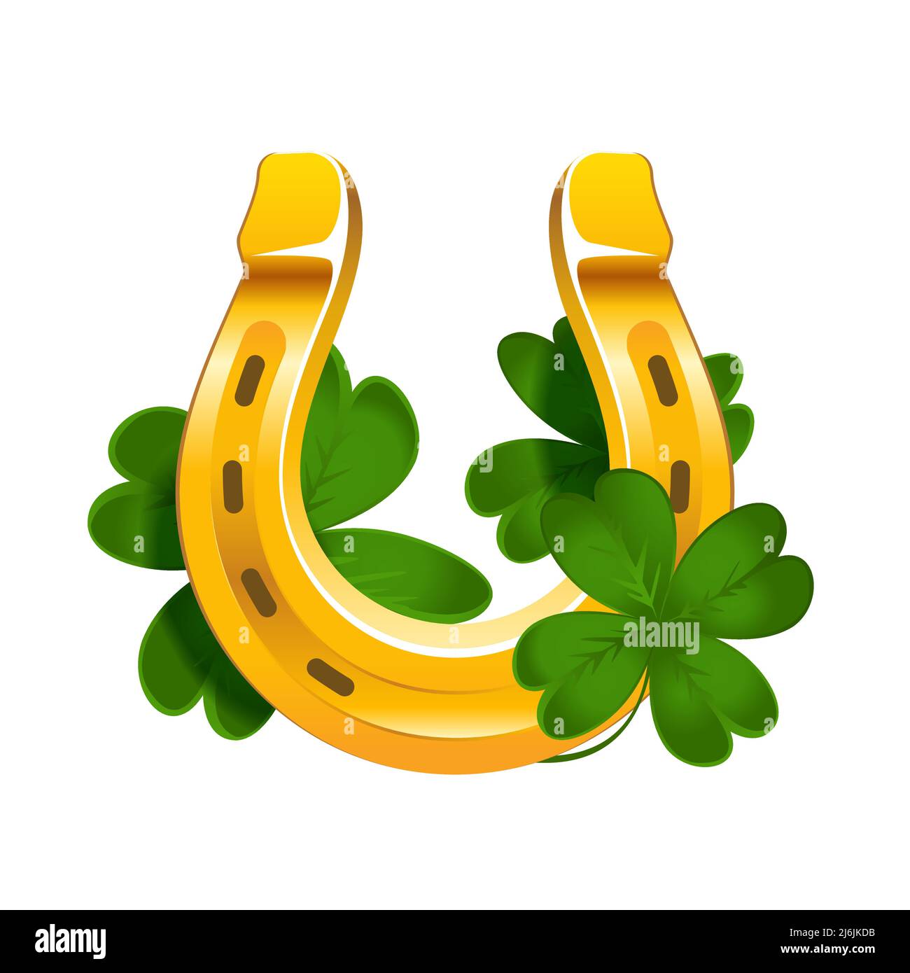 Ferro di cavallo dorato realistico vettoriale con trifoglio di quatrefoil. Simbolo di fortuna isolato su sfondo bianco Illustrazione Vettoriale