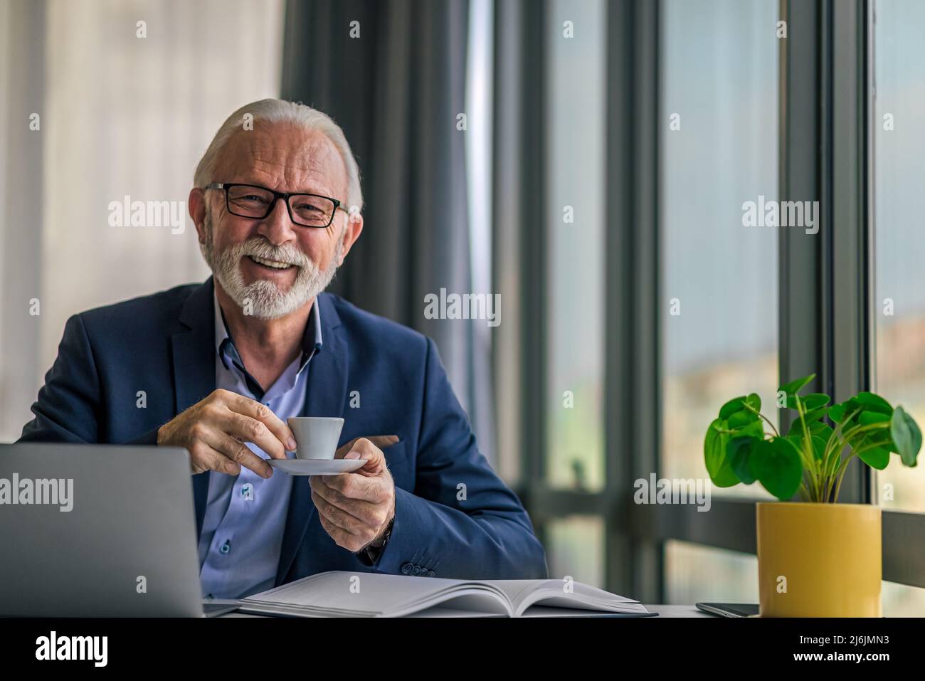 Sorridente uomo d'affari anziano che ha un caffè. Ritratto di anziano felice professionista che lavora su un portatile. È seduto alla scrivania in ufficio Foto Stock