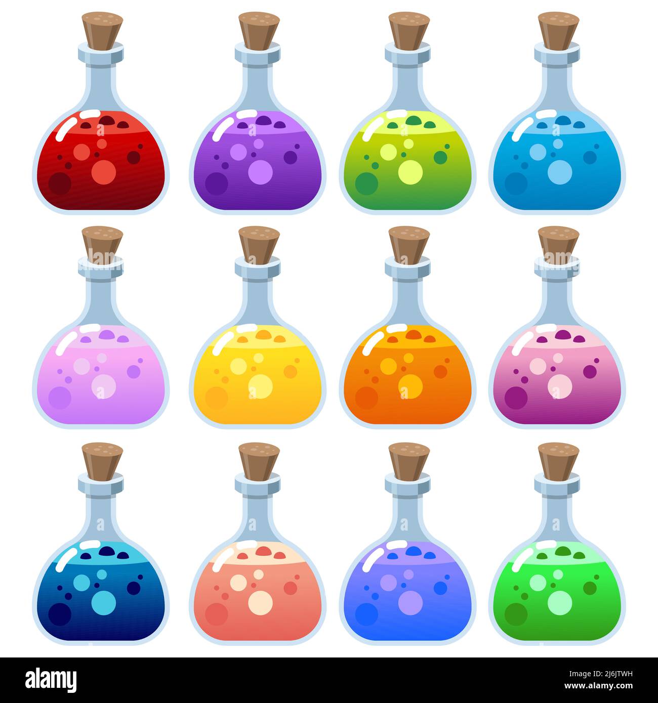 Set di flaconi per pozione. Set per alchimia. Icone vettoriali di matracci di vetro con elisir magico. Veleno delle streghe, pozione d'amore, Halloween Illustrazione Vettoriale