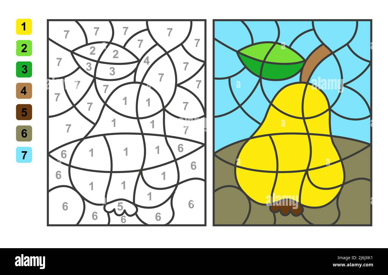 Vector coloring page colore per numeri PEAR. Gioco di puzzle per l'educazione e le attività dei bambini Illustrazione Vettoriale