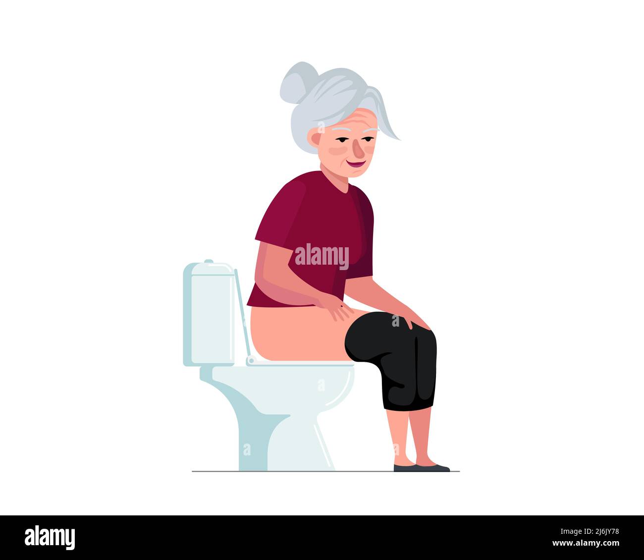 Donna anziana pissing o pooping in WC. Nonna seduta sulla ciotola del gabinetto in lavanda. Anziana donna anziana che trascorre del tempo in bagno. Illustrazione eps vettoriale Illustrazione Vettoriale