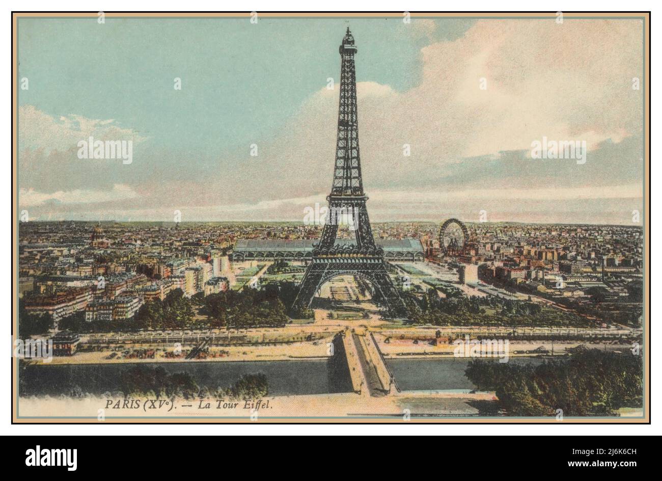 PARIGI (XVe) 1900s Vintage retro Torre Eiffel e Fiume Senna Turismo Vecchia cartolina Visualizza 'la Tour Eiffel' Parigi Francia Paesaggio aereo Vista storica Vecchia Parigi Illustrazione Foto Stock