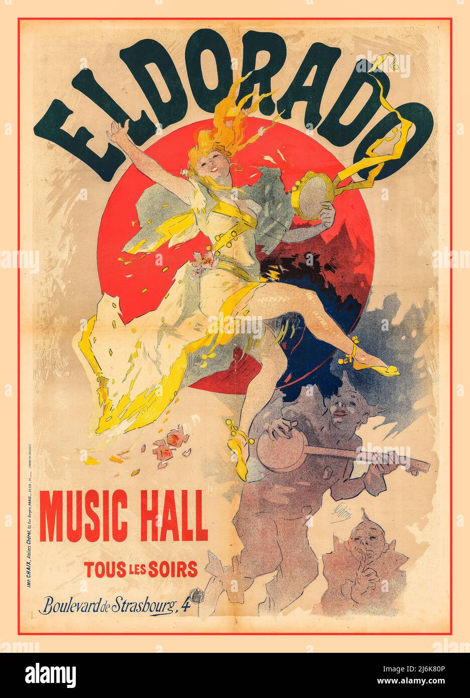 Vintage 1890s retro Paris Music Hall Poster litografia Eldorado – Music Hall Data 1894 litografia dell'artista Jules Chéret Paris Francia Foto Stock