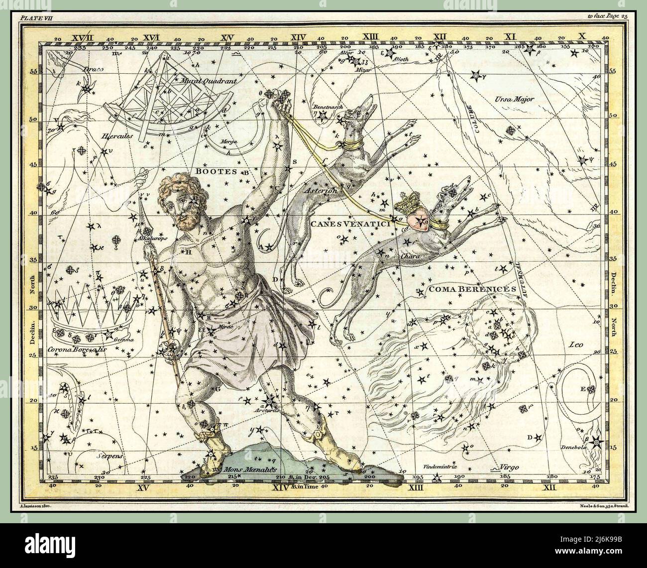 Costellazione Canes Venatici, latino per cani da caccia. Sono i cani di Bootes, il mandriano. Il cane del sud di nome Chara, preso dalla parola greca per gioia. Il cane del nord si chiama Asterion, che significa piccola stella, ed è composto da una marmellata di piccole stelle. I cani si trovano tra Bootes e l'Orsa maggiore, che si tirano al guinzaglio e si fermano ai piedi del grande orso. Jamieson Celestial Atlas-Plate 7 1800s litografia da un atlante celeste comprendente una visualizzazione sistematica del cielo in una serie di trenta mappe. Foto Stock