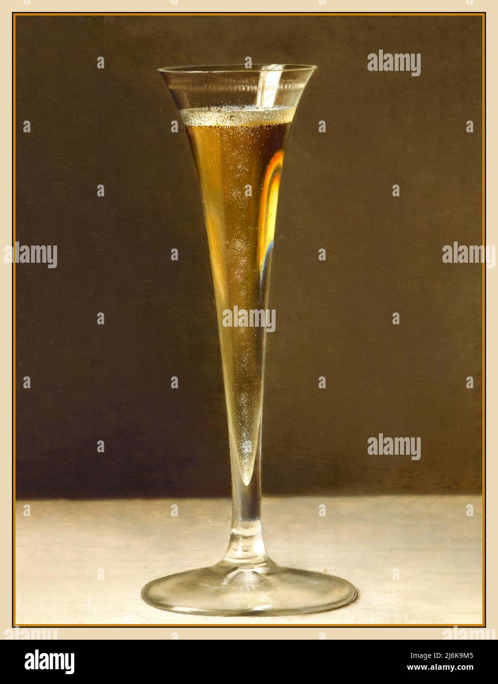 Vintage Champagne archivio pittura 1874 olio su tela montato su cartone dall'artista Emile Preyer. Bicchiere di champagne appena versato con bollicine su tovaglia semplice. Foto Stock