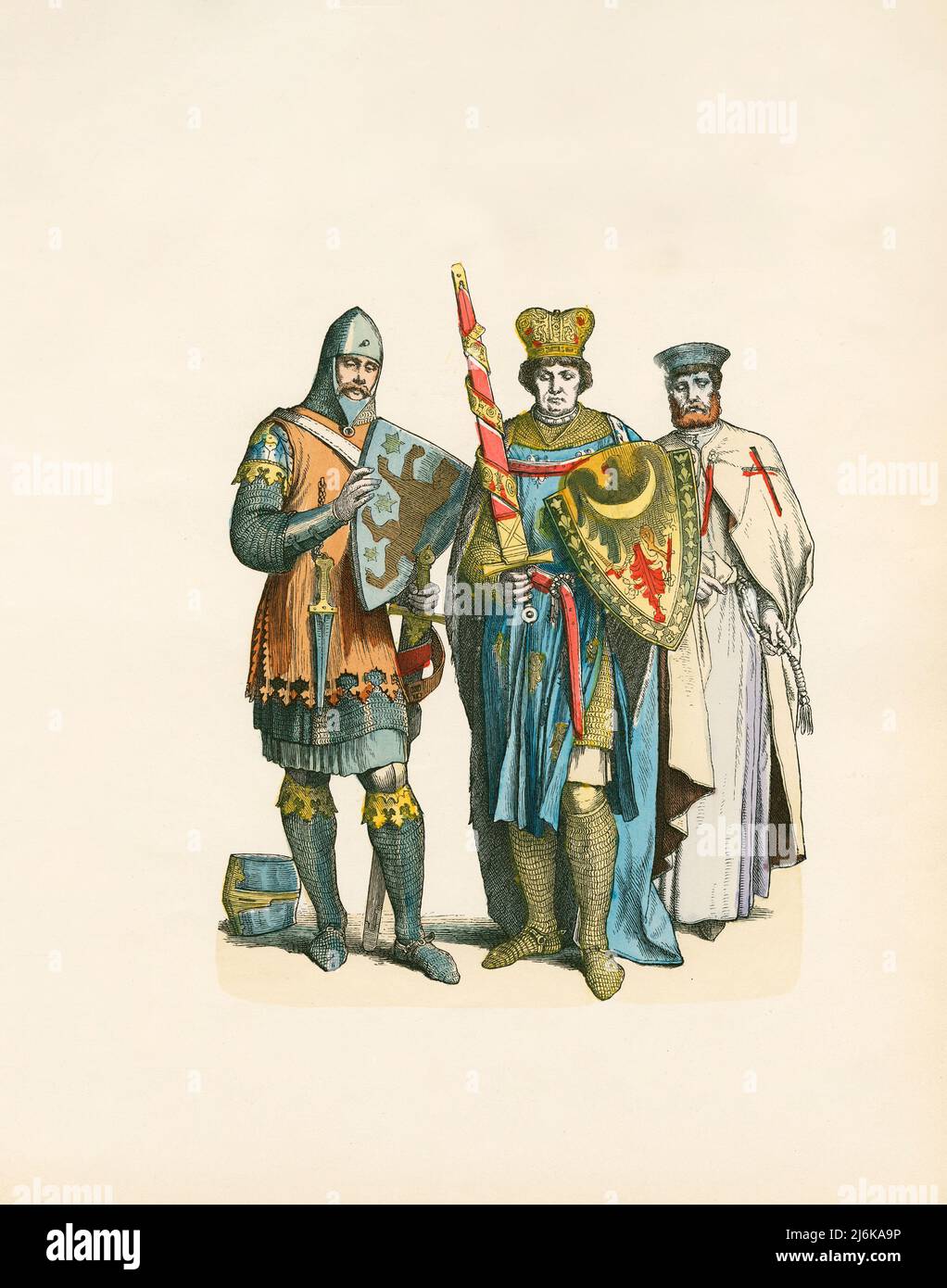 Cavaliere, Principe e Cavaliere Templari, 13th secolo, Illustrazione, la Storia del Costume, Braun & Schneider, Monaco di Baviera, Germania, 1861-1880 Foto Stock