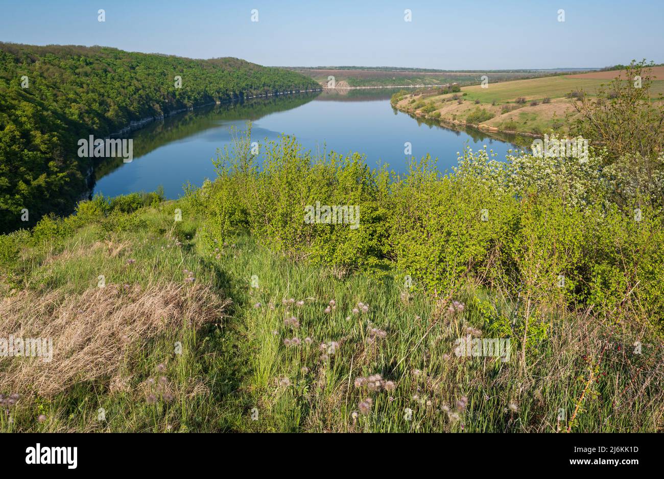 Splendida vista primaverile sul Dnister River Canyon con rocce pittoresche, campi, fiori. Questo luogo chiamato Shyshkovi Gorby, Nahoriany, Chernivtsi regi Foto Stock
