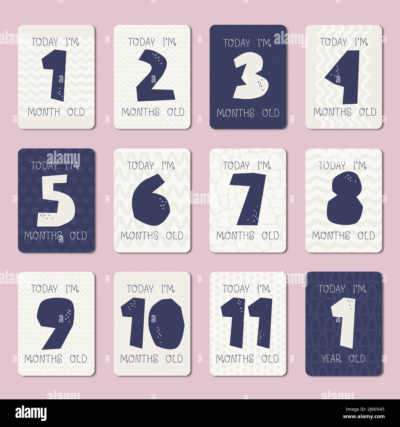 Set di carte per i compleanni del bambino. Oggi sono 1, 2, 3, 4, 5, 6, 7, 8, 9, 10, 11 mesi. Oggi ho 1 anni. Illustrazione vettoriale in bianco e nero Illustrazione Vettoriale