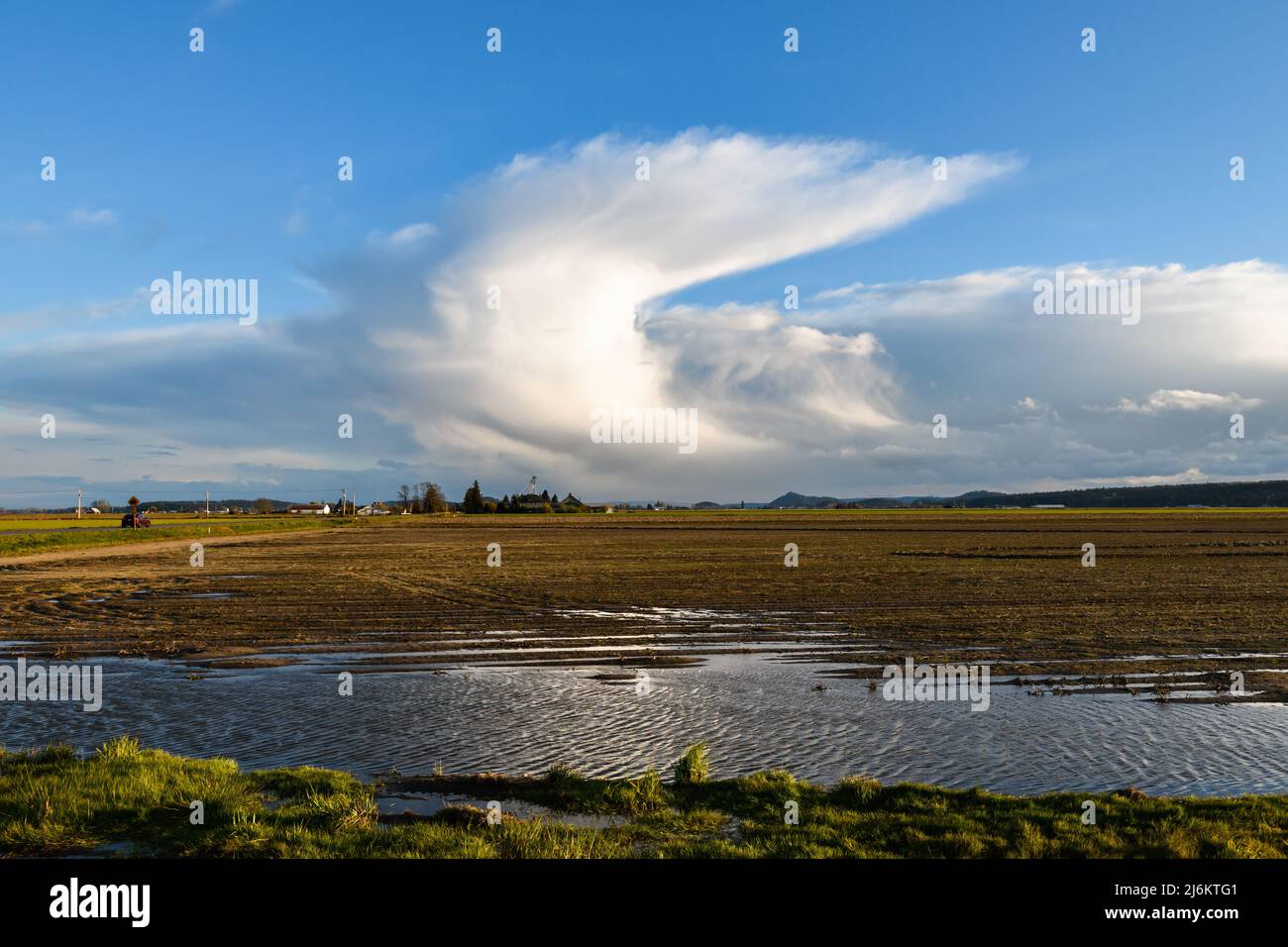 Tempesta di primavera, mentre il tramonto si avvicina nella valle di Skagit, con una nuvola che domina l'orizzonte Foto Stock