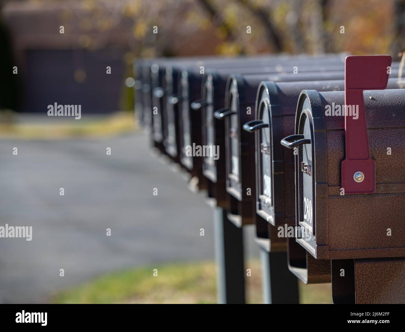 Allineate le cassette postali nere con la prima casella postale con un segnale d'allarme che indica la ricezione di posta per il servizio postale degli Stati Uniti attenzione selettiva profondità di campo spazio aperto per Foto Stock