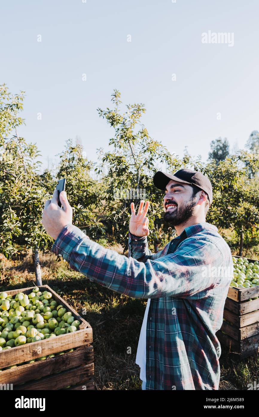 Giovane contadino latino che usa il telefono per fare una videochiamata accanto alla piantagione di mele. Concetto agricolo. Nomade digitale Foto Stock