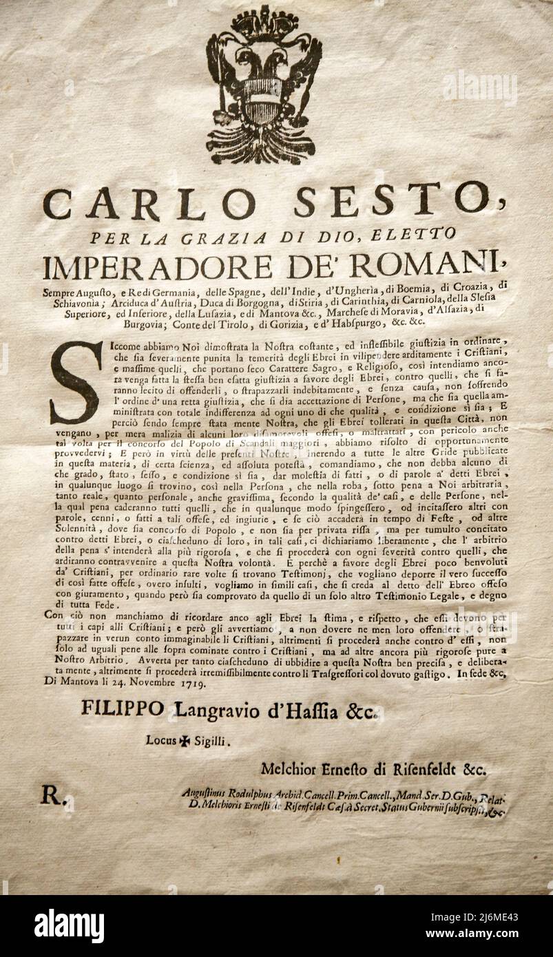 Italia Emilia Romagna Bertinoro: Museo interreligioso: Decreto di Carlo VI del 1719 Foto Stock