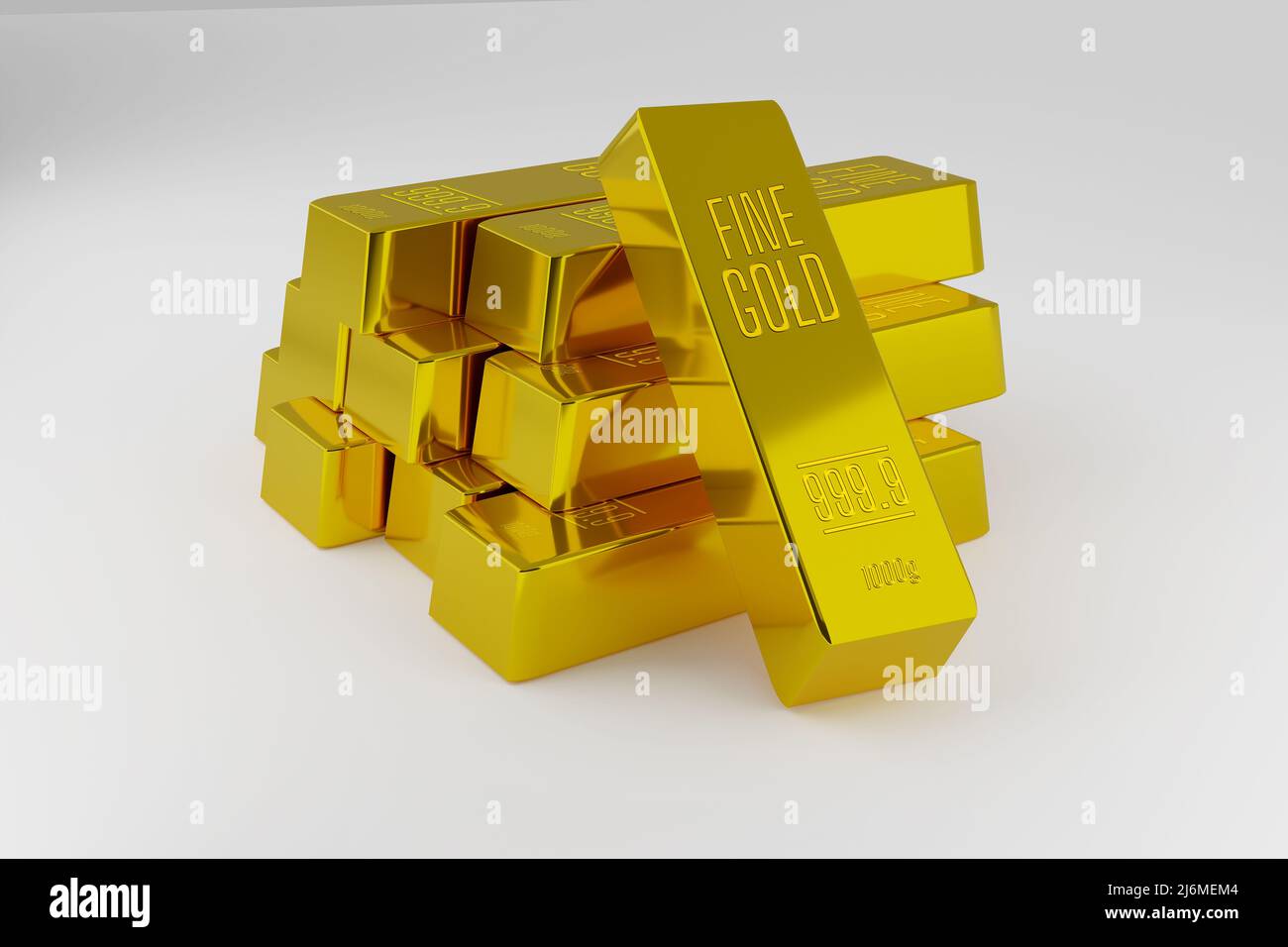 Barre d'oro in metallo impilate isolate su bianco - 3D Illustrazione Foto Stock