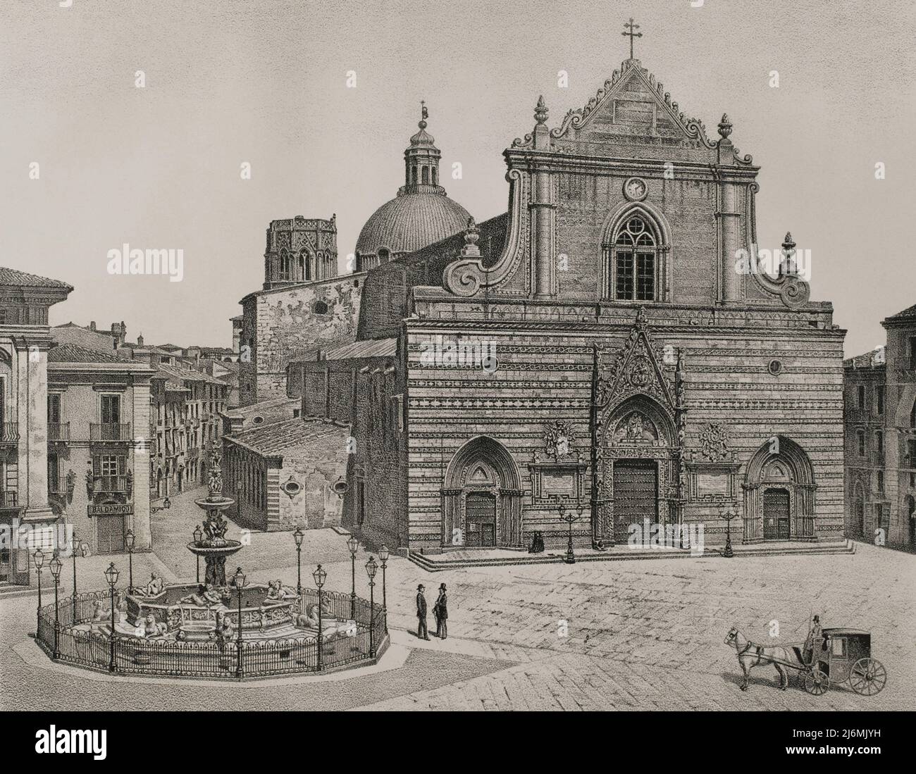 Italia. Isola di Sicilia. Cattedrale di Messina. Dedicata alla Madonna della lettera. Vista generale dall'esterno. Illustrazione di Salcedo. Litografia di Julio Donón. 'Viaje a Oriente', 1884. Foto Stock