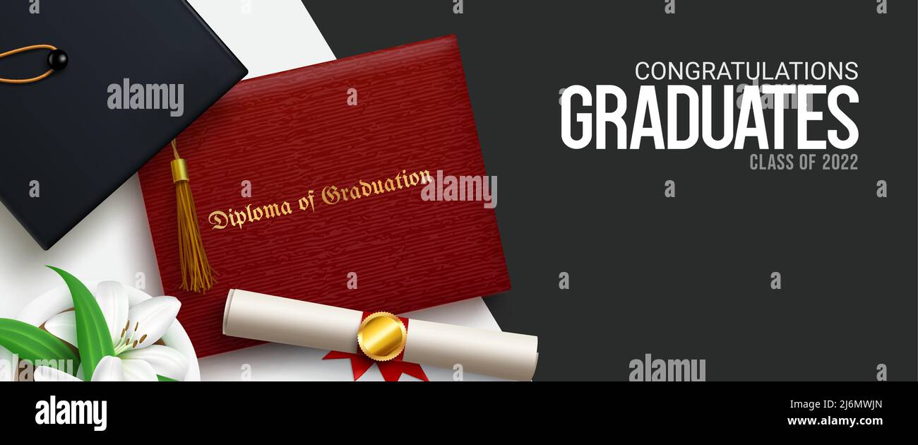Classe di disegno di fondo vettoriale graduato 2022. Congratulazioni testo laureati con diploma, titolare e berretto da Mortarboard in bianco e nero. Illustrazione Vettoriale