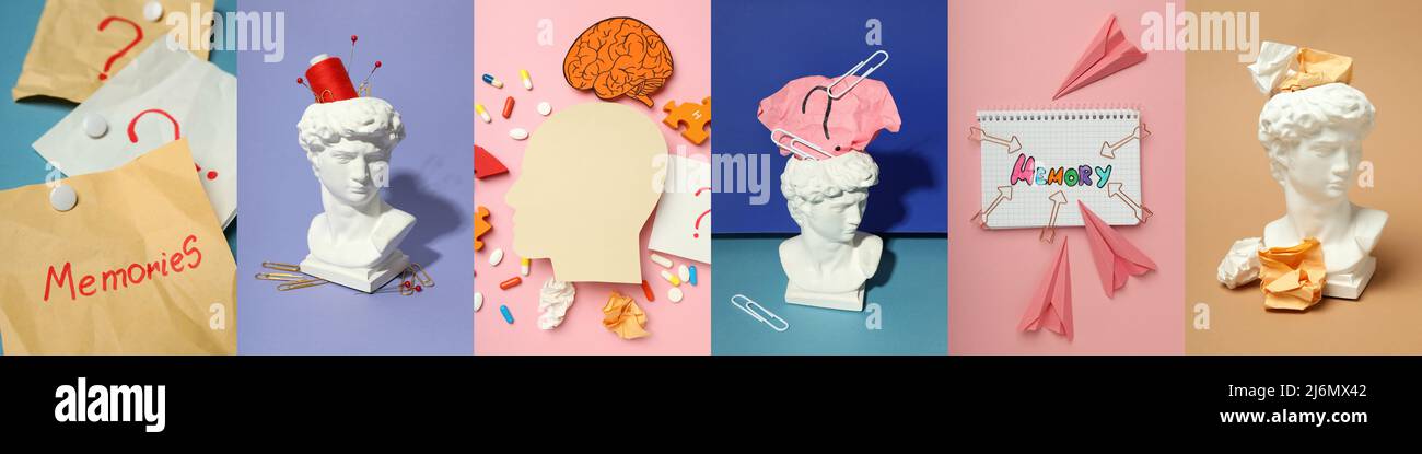 Problemi di memoria. Collage di foto, concetto di problemi di memoria e malattia di amnesia. Concetto di problemi di memoria Foto Stock