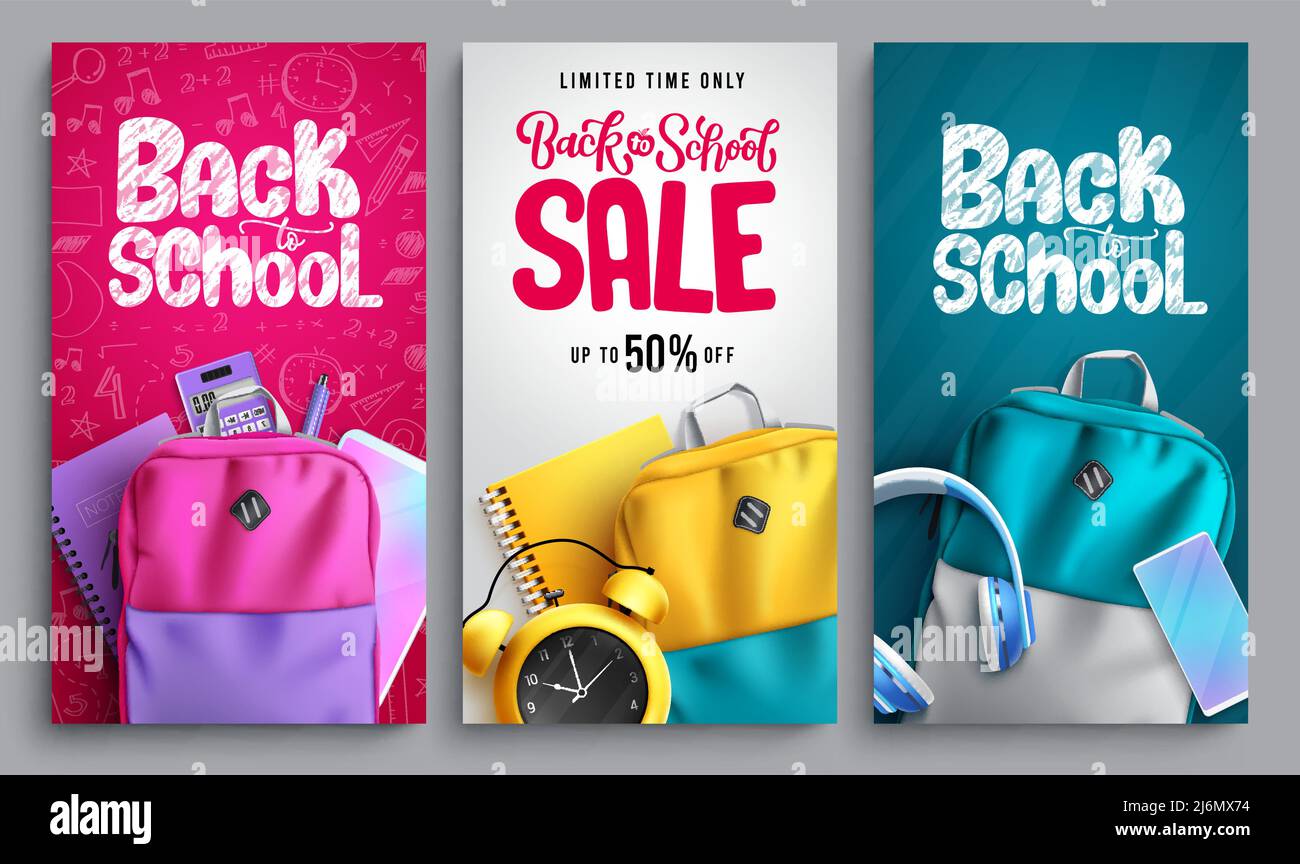 Back to School vettoriale poster set design. Torna a scuola testo con vendita articoli didattici di borse ed elementi per notebook per lo studio promozionale. Illustrazione Vettoriale