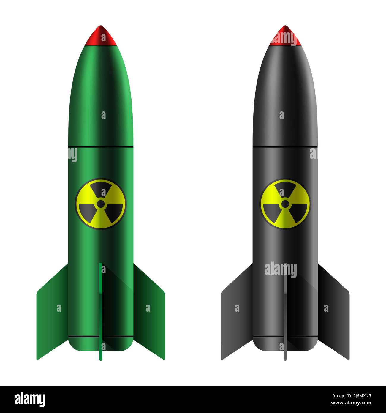 Una bomba atomica isolata su sfondo bianco. Arma nucleare verde e nera con icona di radiazione, illustrazione vettoriale. Illustrazione Vettoriale