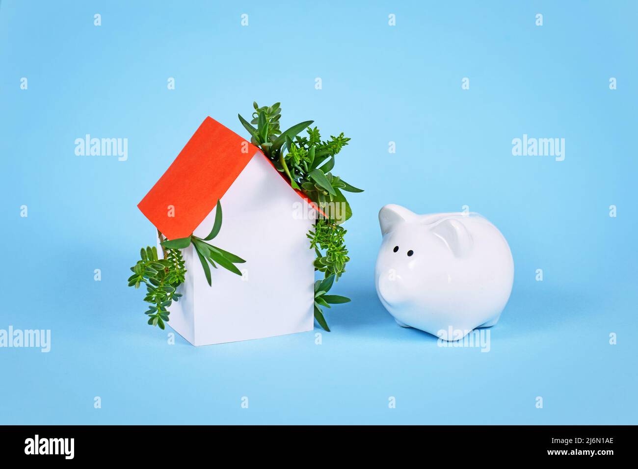 Concetto di efficienza energetica e dei costi e neutralità del carbonio negli edifici utilizzando progetti di costruzione ecologici ed energia rinnovabile mostrando casa con Foto Stock
