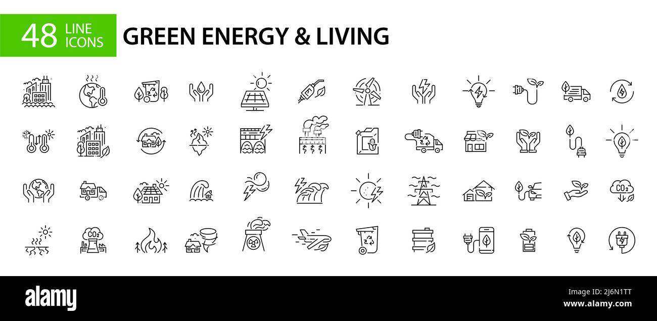 Energia verde, ecologia, cambiamento climatico e sostenibilità icone set. icone di grafica perfetta da 48 pixel Illustrazione Vettoriale